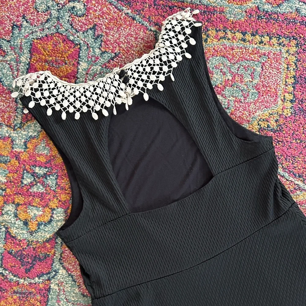Free People | Womens Black Mini Dress Cream Crochet Peter Pan Collar Open Back M - Picture 7 of 16